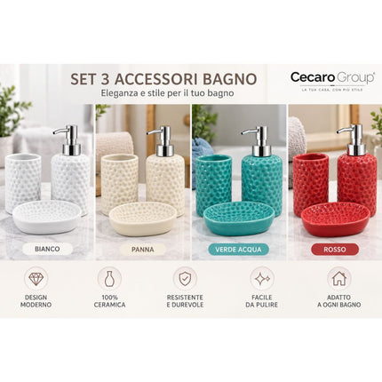 Set bagno 3 pezzi in ceramica con finitura a bolle: dispenser sapone, portasapone e porta spazzolini
