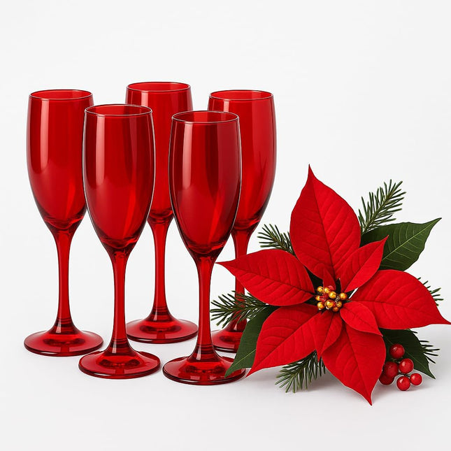 Set 6 Flute in Vetro Rosso 165 ml - Natalizi - Natale Capodanno