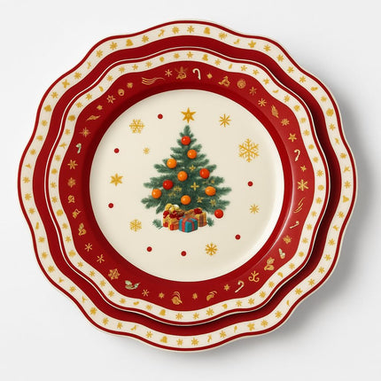 Servizio Piatti Natalizi 18 Pezzi - Albero di Natale con Bordo Rosso