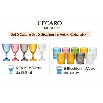 Cecaro Group – Set Bicchieri e Calici Olivia in Vetro Colorato - 6 Bicchieri da 300 ml + 6 Calici da 270 ml