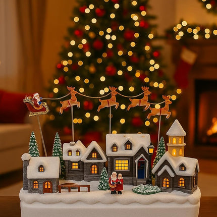 Giostrina Villaggio Natalizio Carillon con Luci, Musica e Movimento - con Babbo Natale e Renne
