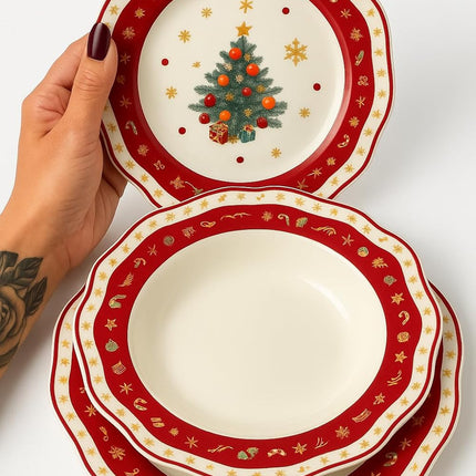 Servizio Piatti Natalizi 18 Pezzi - Albero di Natale con Bordo Rosso