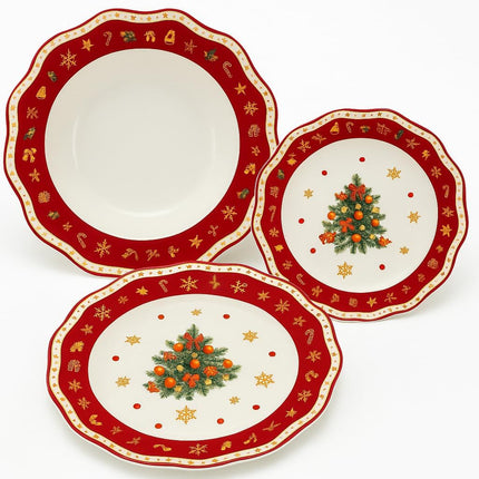 Servizio Piatti Natalizi 18 Pezzi - Albero di Natale con Bordo Rosso