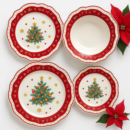 Servizio Piatti Natalizi 18 Pezzi - Albero di Natale con Bordo Rosso
