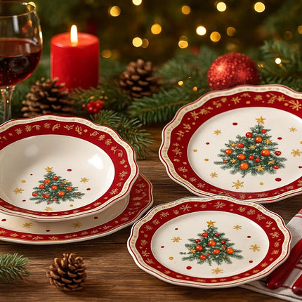 Servizio Piatti Natalizi 18 Pezzi - Albero di Natale con Bordo Rosso