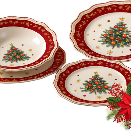 Servizio Piatti Natalizi 18 Pezzi - Albero di Natale con Bordo Rosso
