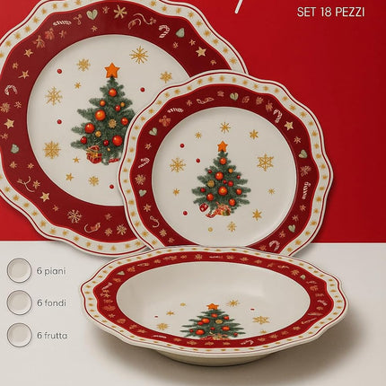 Servizio Piatti Natalizi 18 Pezzi - Albero di Natale con Bordo Rosso