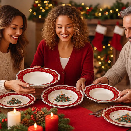 Servizio Piatti Natalizi 18 Pezzi - Albero di Natale con Bordo Rosso