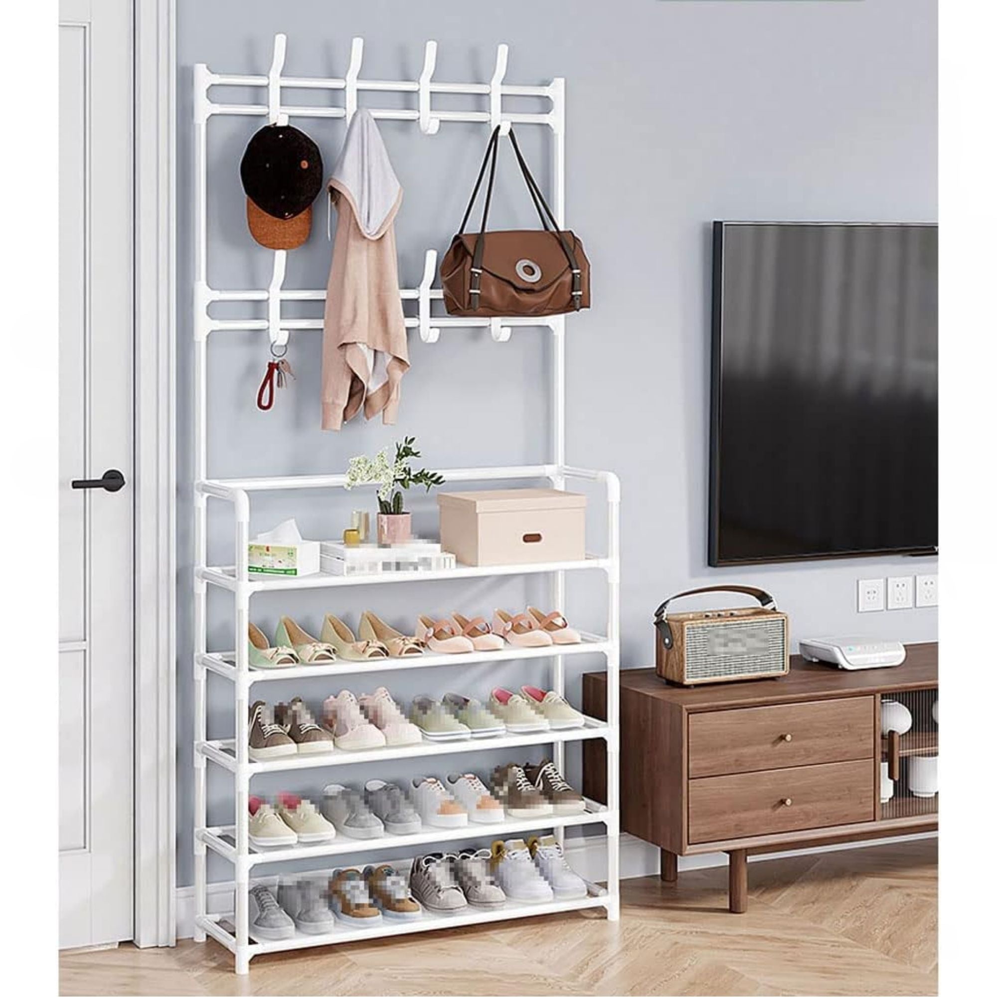 Happimess Scarpiera Industriale Compatta In Ferro, 2 Ripiani, 6 Paia, Colore Grigio/bianco, Per Ingresso