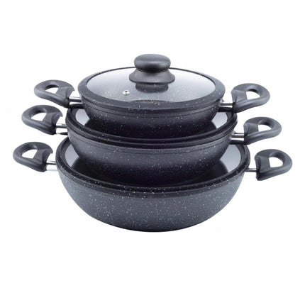 Batteria 6 pezzi in pietra lavica tris tegami con coperchi in vetro 20 24 28 cm