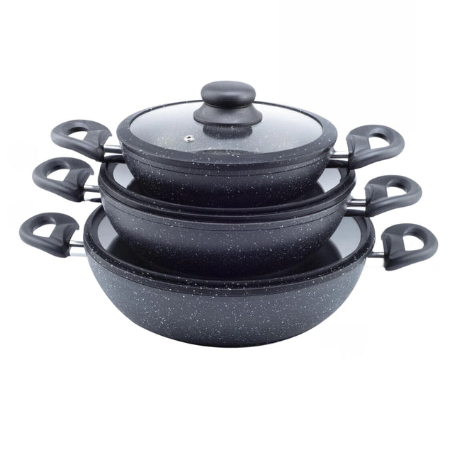 Batteria 6 pezzi in pietra lavica tris tegami con coperchi in vetro 20 24 28 cm