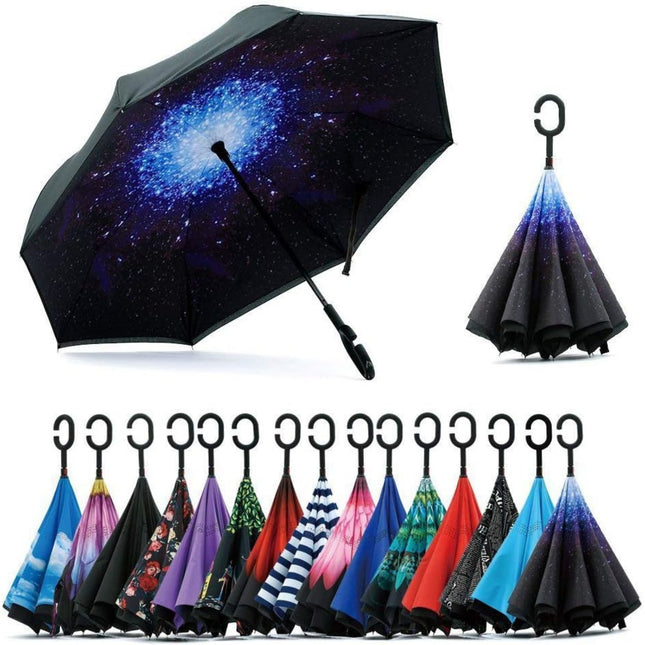 Ombrello Doppio Strato Invertito con Manico a Forma di C Antivento e Anti-UV