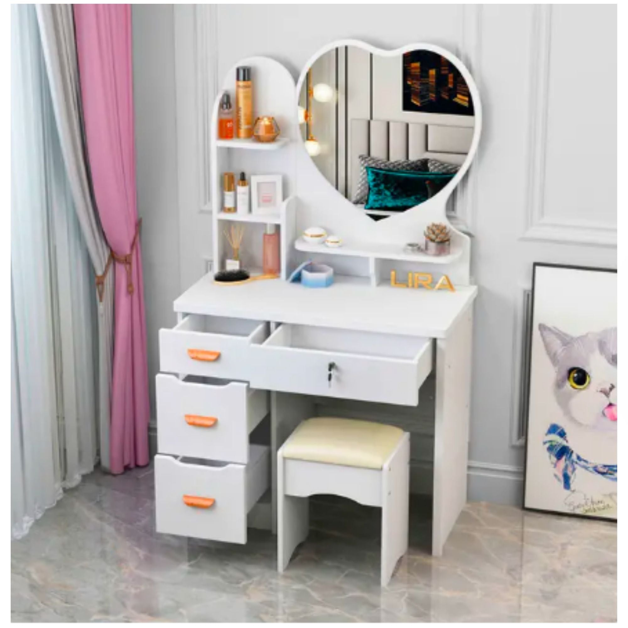 Postazione Trucco con ripiani cassetti e sgabello – Cecaro Group Postazione Trucco con ripiani cassetti e sgabello – Cecaro Group