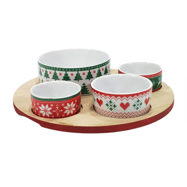 Antipastiera in Bamboo con 4 Coppette Natalizie in Ceramica Ø 24,5 cm