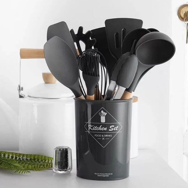 Set di Utensili da Cucina 10 pz  in Silicone con Manico in Legno