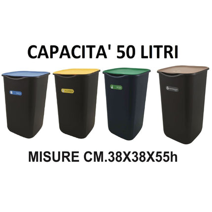 Set 4 Pz. Contenitore Differenziata 50 Lt Misura 38x38x55h