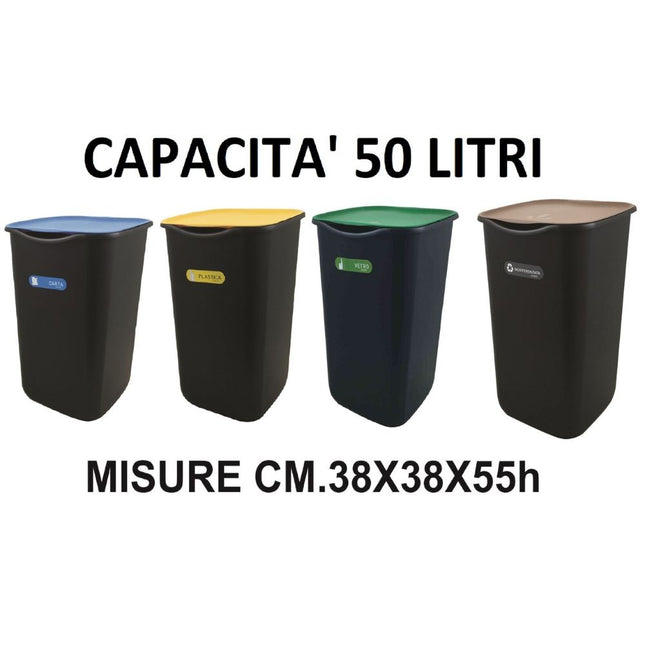 Set 4 Pz. Contenitore Differenziata 50 Lt Misura 38x38x55h